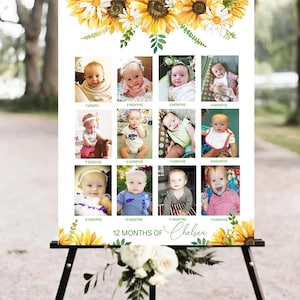 Plantilla de póster de collage de fotos mensual de girasol Nuestro pequeño girasol está girando un tablero de fotos DESCARGA INSTANTÁNEA EDITABLE Imprimible sf