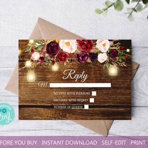 Modèle de carte-réponse de mariage rustique Bourgogne, carte RSVP de mariage, fleurs de fées d’automne Bourgogne Lumières Mason TÉLÉCHARGEMENT INSTANTANÉ MODIFIABLE rb