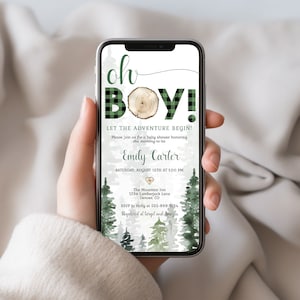 Oh Boy Let the Adventure Begin Baby Shower Electronic Invitation Template Lumberjack Green Plaid Text Message EDITABLE INSTANT DOWNLOAD bpl