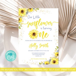 Our Little Sunflower is Turning One Birthday Invitation Template Sunflower 1st Birthday 100% EDITABLE INSTANT DOWNLOAD Printable Template os