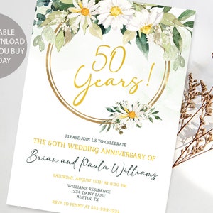Daisy Greenery 50th Wedding Anniversary Invitation Template, Golden Wedding Party, Fiftieth Wedding Invite 100% EDITABLE INSTANT DOWNLOAD gd