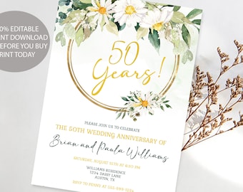 Daisy Greenery 50th Wedding Anniversary Invitation Template, Golden Wedding Party, Fiftieth Wedding Invite 100% EDITABLE INSTANT DOWNLOAD gd