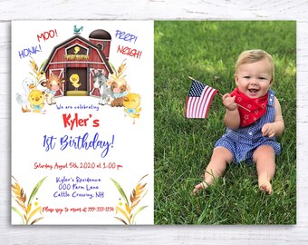May include: A red barn with farm animals and the text "MOO! HONK! PEEP! NEIGH!"  We are celebrating Kyler's 1st Birthday! Saturday August 5th, 2020 at 1:00 pm Kyler's Residence 000 Farm Lane Cattle Crossing, NH Please RSVP to mom at 999-333-1234.  A photo of a baby boy holding an American flag in a grassy field.