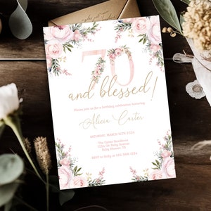 May include: A white invitation card with floral accents and the text "70 and blessed!". The invitation includes details for a birthday celebration, with the name "Alicia Carter" and event details. The card is decorated with pink flowers.