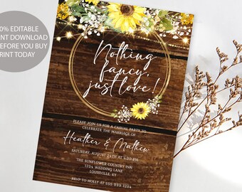 Rustic Sunflower Nothing Fancy, Just Love Wedding Invitation Template, Rustic Wedding Reception Invite, 100% EDITABLE INSTANT DOWNLOAD a03