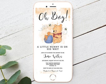 Oh Boy A Little Hunny is on His Way Electronic Baby Shower Invitation Template Smartphone Text Winnie the Pooh EDITABLE INSTANT DOWNLOAD hp
