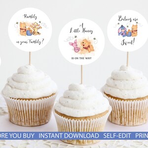 Winnie the Pooh & Friends Cupcake Toppers Winnie the Pooh Baby Shower A LIttle Hunny is on the Way EDITABLE INSTANT DOWNLOAD Printable hp