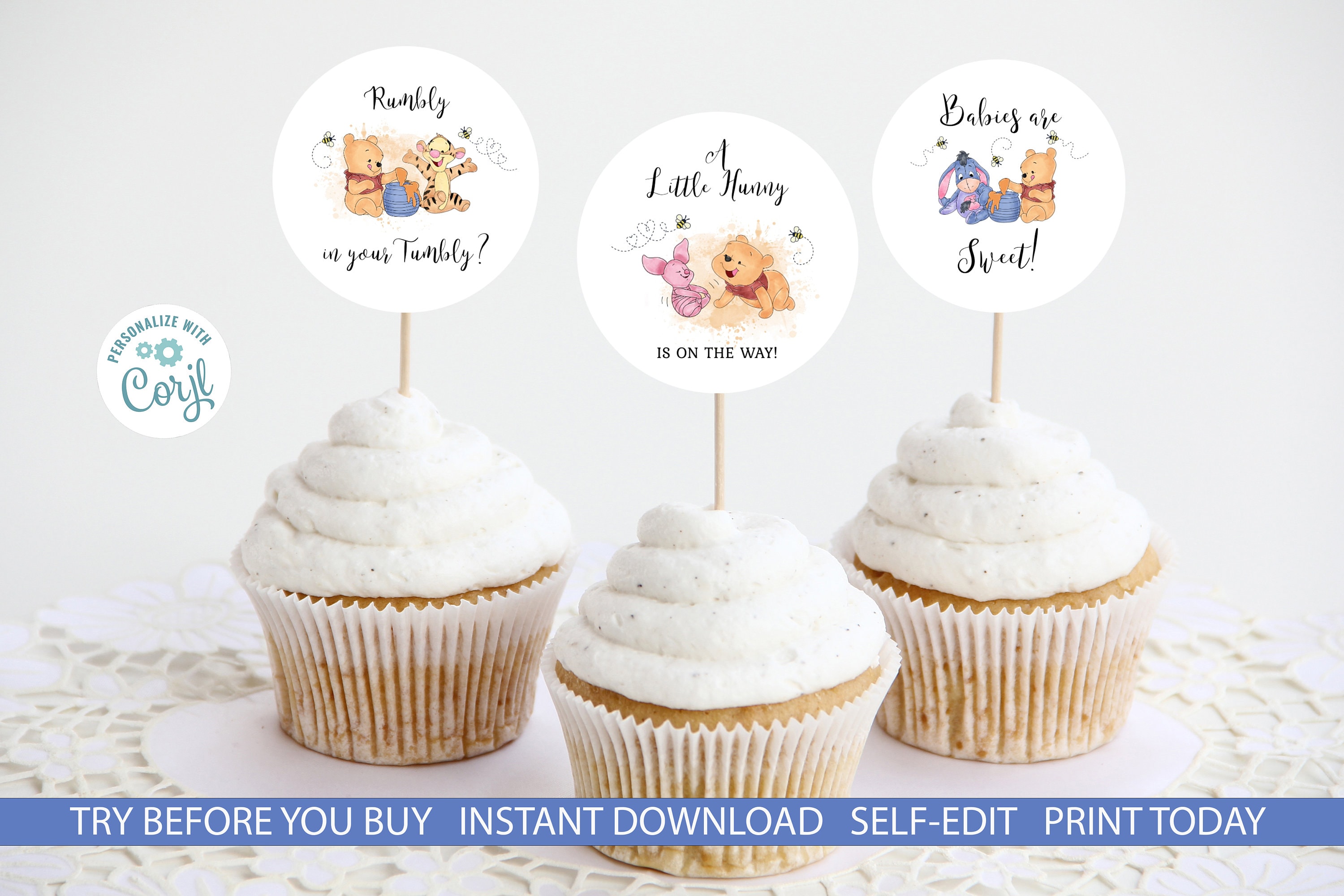 Winnie Cupcake Toppers for Baby Shower, Pooh Theme Birthday, Wedding,  Bridal Shower, Classroom Favors Decorations 32Pcs
