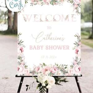 Dusty Pink Peony Willkommen bei Baby Shower Sign Template Baby in Bloom Girl Baby Shower Powder Pink EDITIERBARER SOFORTIGER DOWNLOAD Lätzchen