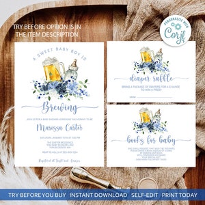 A Sweet Little Boy is Brewing Baby Shower invitation Template Beer Stein Baby Bottle Baby Shower Blue Floral EDITABLE INSTANT DOWNLOAD abb