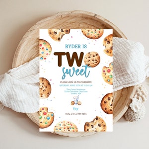 May include: A birthday invitation with a watercolor illustration of cookies and sprinkles. The text reads "Ryder is Two Sweet" and includes details for the party, including the date, time, and location. The invitation also includes a phone number for RSVP.