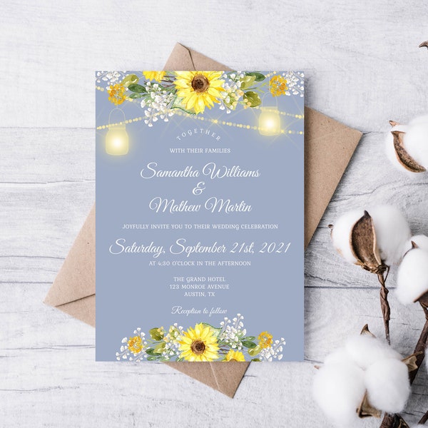 Sunflower Dusty Blue Wedding Invitation Template Powder Blue Wedding Sunflower Wedding Fairy Lights Mason Jars EDITABLE INSTANT DOWNLOAD