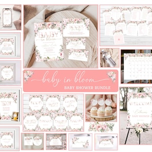 May include: A collection of baby shower stationery and decorations. The items include invitations, signs, and cupcake toppers, all featuring a floral design with pink and white flowers. The text "Baby in Bloom" is displayed prominently.