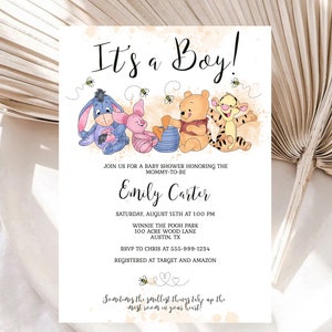 Winnie the Pooh It&#39;s a Boy Baby Shower Invitation Template Winnie Pooh and Friends Shower Boy Shower EDITABLE INSTANT DOWNLOAD Printable hp