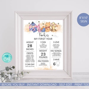 Winnie the Pooh Milestone 1st Birthday Board Template Our Little Hunny is Turning One Birthday Pooh Birthday EDITABLE INSTANT DOWNLOAD hp