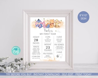 Winnie the Pooh 1st Birthday Milestone Board, EDITABLE (Digital Download)