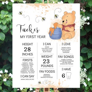 Winnie the Pooh Milestone Birthday Sign & Poster Our Little Hunny is Turning One 1st Birthday Sign Cute Bear EDITABLE INSTANT DOWNLOAD hp