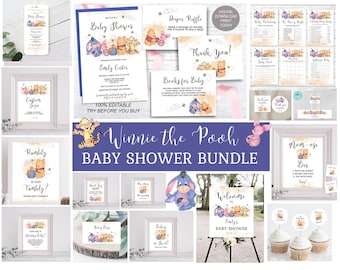May include: Winnie the Pooh baby shower printable bundle with a purple and yellow color scheme. The bundle includes invitations, games, thank you cards, food labels, and a welcome sign. The characters Winnie the Pooh, Piglet, Tigger, and Eeyore are featured throughout the bundle.