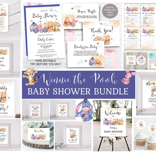 Winnie the Pooh Baby Shower Bundle Winnie the Pooh and Friends A Little Hunny EDITABLE INSTANT DOWNLOAD Printable Shower Templates hp