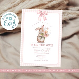 May include: Pink and white gingham baby shower invitation with a cartoon bunny holding a bouquet of flowers. The text reads "Some Bunny Is On The Way!" and includes the name "Maria Campbell" and the date and time of the event.