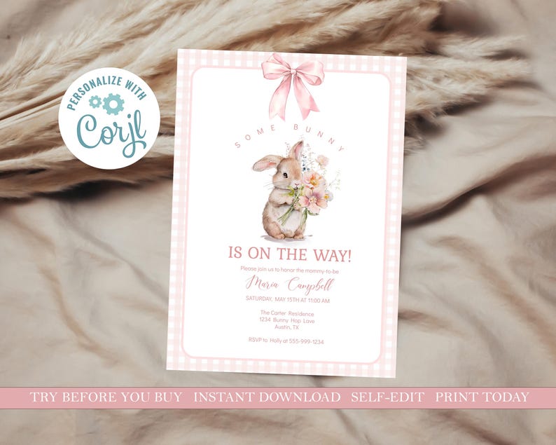 May include: Pink and white gingham baby shower invitation with a cartoon bunny holding a bouquet of flowers. The text reads "Some Bunny Is On The Way!" and includes the name "Maria Campbell" and the date and time of the event.