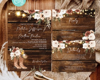 Rustic Boho Cowgirl/boy Boot Wedding Invitation Set Cream Rust Floral Wedding Boho Western Theme Fairy Light EDITABLE INSTANT DOWNLOAD rb