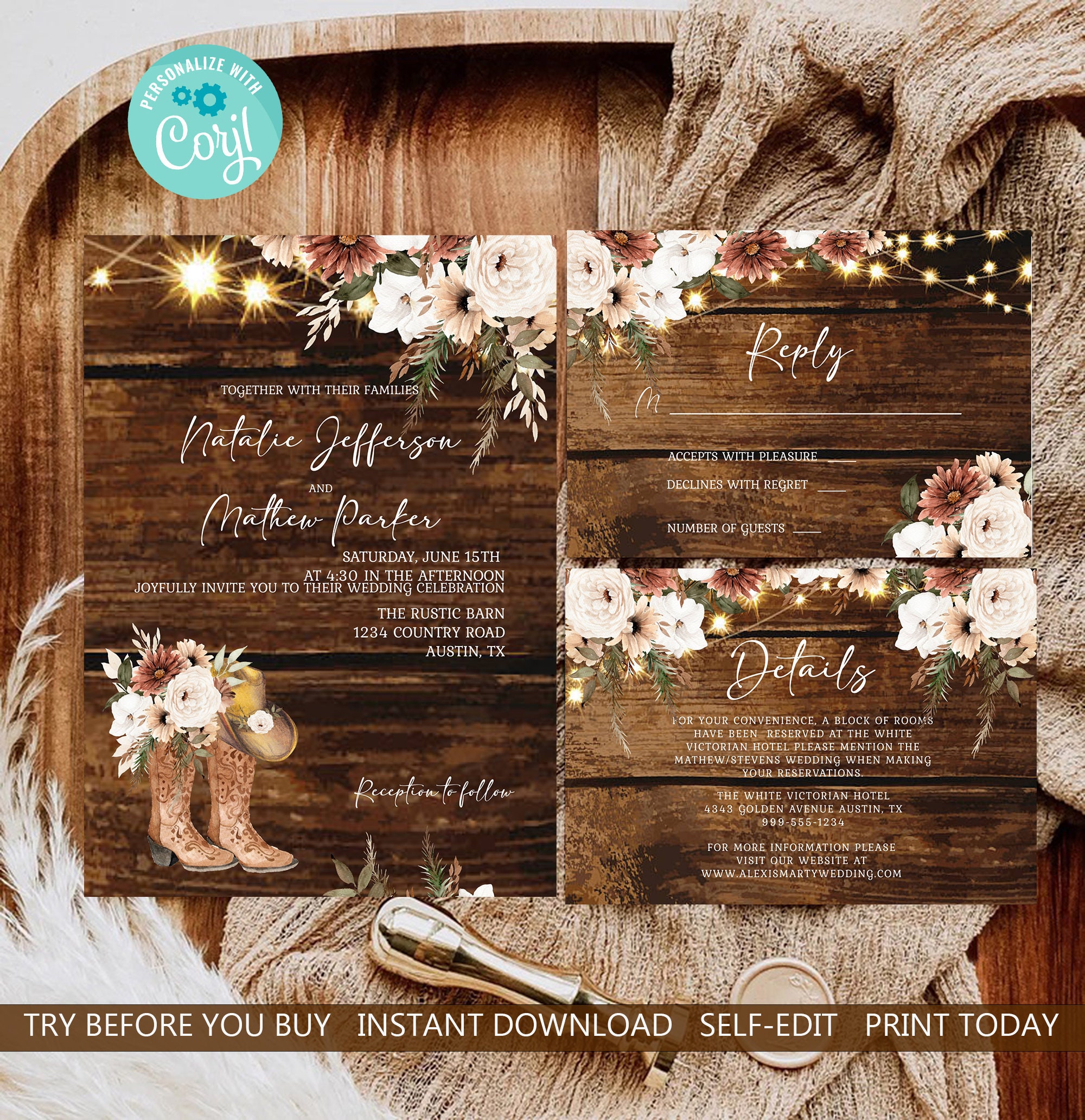 Rustic Boho Cowgirl/boy Boot Wedding Invitation Set Cream Rust Floral Wedding Boho Western Theme Fairy Light EDITABLE INSTANT DOWNLOAD rb