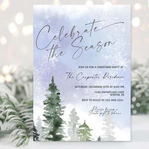 Celebrate the Season Christmas Party Invitation Template Holiday Invitation Evergreens, Snowflakes EDITABLE INSTANT DOWNLOAD Printable