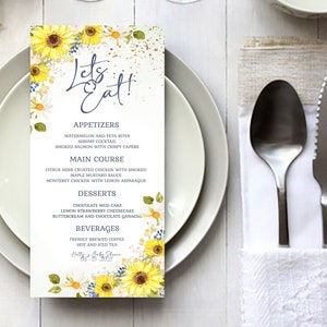 Modèle de menu Let's Eat tournesol Menu baby/shower nuptiale tournesol Menu anniversaire Menu tournesol rustique 100 % MODIFIABLE TÉLÉCHARGEMENT INSTANTANÉ
