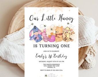 Winnie the Pooh 1st Birthday Invitation, Girl, Hunny Theme (EDITABLE INSTANT DOWNLOAD)