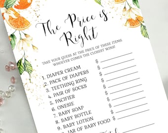 Mała słodka jest w drodze Cena jest odpowiednia Szablon gry na baby shower, pomarańczowy baby shower, gra na baby shower EDYTOWALNA NATYCHMIASTOWE POBIERANIE d1