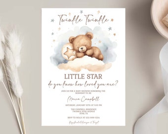 Puede incluir: Una invitación de baby shower con una ilustración de acuarela de un oso de peluche marrón durmiendo en una nube con una estrella. El texto dice "Twinkle Twinkle Little Star do you know how loved you are?" e incluye detalles para la baby shower.