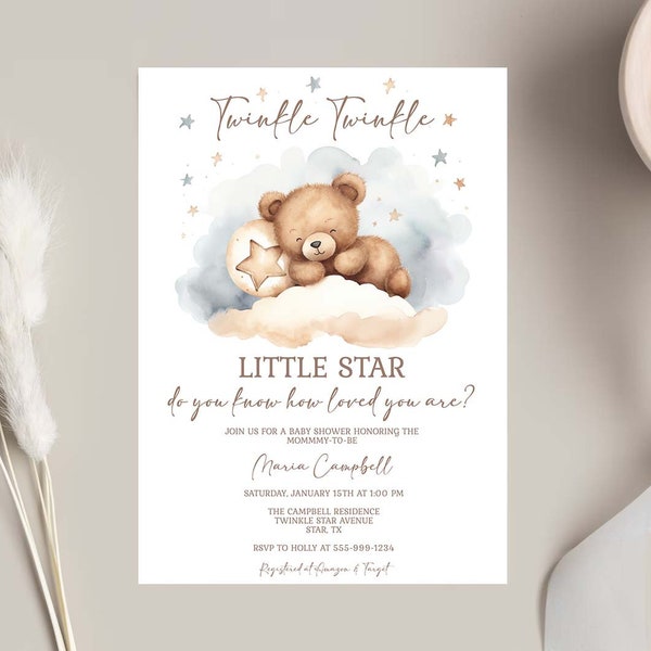 Twinkle Twinkle Little Star Do You Know How Loved You Are Baby Shower Invitation Template Cute Bear Stars EDITABLE INSTANT DOWNLOAD tt