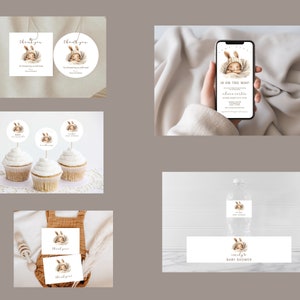 Pu&ograve; includere: Un set di decorazioni per feste di baby shower stampabili con una simpatica illustrazione di un coniglietto. Il set include biglietti di ringraziamento, topper per cupcake, un'etichetta per bottiglia d'acqua, un'etichetta per favore e un invito digitale. Il design &egrave; in una tavolozza di colori neutri con marrone, bianco e beige.
