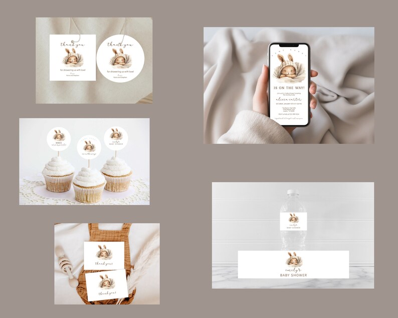 Pu&ograve; includere: Un set di decorazioni per feste di baby shower stampabili con una simpatica illustrazione di un coniglietto. Il set include biglietti di ringraziamento, topper per cupcake, un'etichetta per bottiglia d'acqua, un'etichetta per favore e un invito digitale. Il design &egrave; in una tavolozza di colori neutri con marrone, bianco e beige.