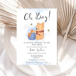 Oh Boy Winnie the Pooh Baby Shower Invitation Template A Little Hunny is on His Way Winnie Pooh Shower Honeybee EDITABLE INSTANT DOWNLOAD hp