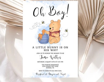 Oh Boy Winnie the Pooh Baby Shower Invitation Template A Little Hunny is on His Way Winnie Pooh Shower Honeybee EDITABLE INSTANT DOWNLOAD hp