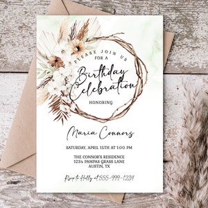 Pampas Grass Boho Birthday Celebration Invitation Template Boho Blush Floral Birthday Any Age EDITABLE INSTANT DOWNLOAD Printable pg