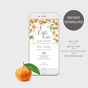 A Little Cutie is on the Way Baby Shower Electronic Invitation Template, Text Invitation, Smart Phone Evite, EDITABLE INSTANT DOWNLOAD D1