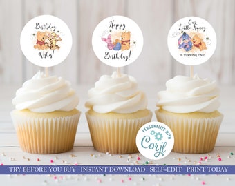 Adornos para cupcakes de cumpleaños de Winnie the Pooh, plantilla editable (descarga instantánea)