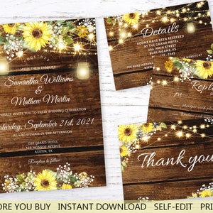 Rustic Sunflower Wedding Invitation 4 Card Template Set Sunflower Wedding Fairy Lights Mason Jars Barn Wood EDITABLE INSTANT DOWNLOAD a03