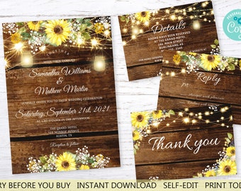 Rustic Sunflower Wedding Invitation Set, Barn Wood Lights (EDITABLE INSTANT DOWNLOAD)