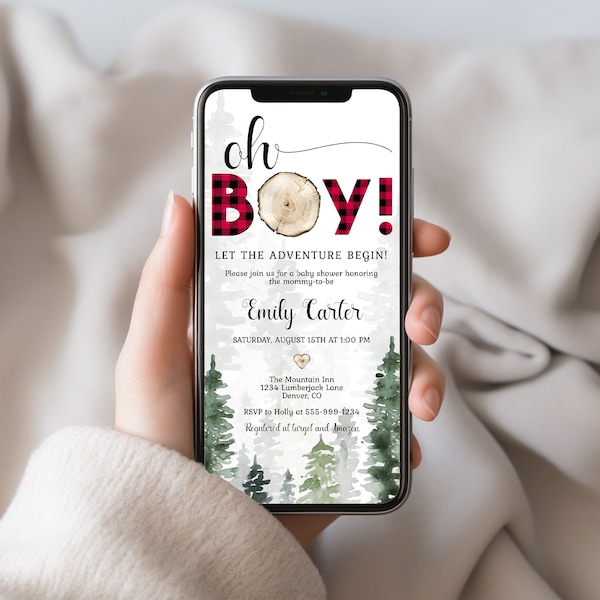 Oh Boy Let the Adventure Begin Baby Shower Electronic Invitation Template Lumberjack Red Plaid Text Message EDITABLE INSTANT DOWNLOAD bpl