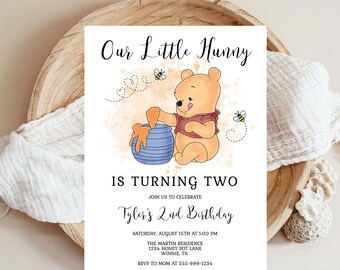 Nuestra pequeña Hunny cumple dos años. Plantilla de invitación para fiesta de cumpleaños número 2. Winnie the Pooh, Abejitas, EDITABLE, DESCARGA INSTANTÁNEA.