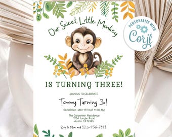 Könnte beinhalten: Eine Geburtstagseinladung mit einem Cartoon-Affen, umgeben von grünem und gelbem Laub. Die Einladung lautet "Our Sweet Little Monkey is Turning Three!" und enthält den Text "Tommy Turning 3!" mit Details zur Party. Die Einladung ist personalisiert mit dem Text "Personalize with Corjl".