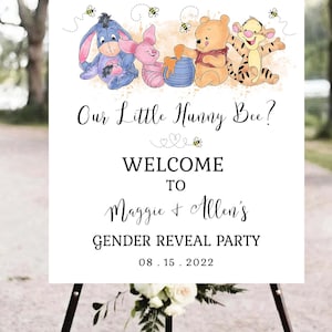 Plantilla de letrero de bienvenida para revelar el género de Winnie the Pooh: ¿Qué hará nuestra pequeña abejita? Póster de revelación de género DESCARGA INSTANTÁNEA EDITABLE hp
