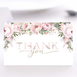 Plantilla de tarjeta de agradecimiento de peonía rosa Baby in Bloom Baby Shower/Cualquier evento Floral rosa Gracias EDITABLE DESCARGA INSTANTÁNEA Babero imprimible