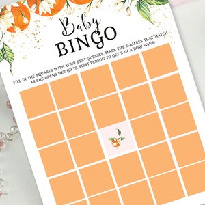 A Little Cutie is on the Way Baby Shower Baby Bingo Game Template, Orange Baby Shower, Little Cutie Shower, EDITABLE INSTANT DOWNLOAD d1