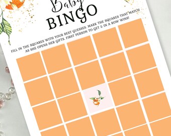 Gra bingo na baby shower Little Cutie, pomarańcze klementynki (EDYTOWALNA, NATYCHMIASTOWA DO POBRANIA)