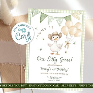 K&ouml;nnte beinhalten: Ein gr&uuml;ner und wei&szlig;er Gingham-Hintergrund mit einer wei&szlig;en Karte, auf der eine Comic-Gans mit einem Cowboyhut und Ballons zu sehen ist. Der Text auf der Karte lautet: "Tommy is One Silly Goose! Join us to celebrate Tommy's 1st Birthday! Saturday, April 15th at 11:00 AM The Daisy Pond Park 1234 Park Lane Austin, TX 12345"